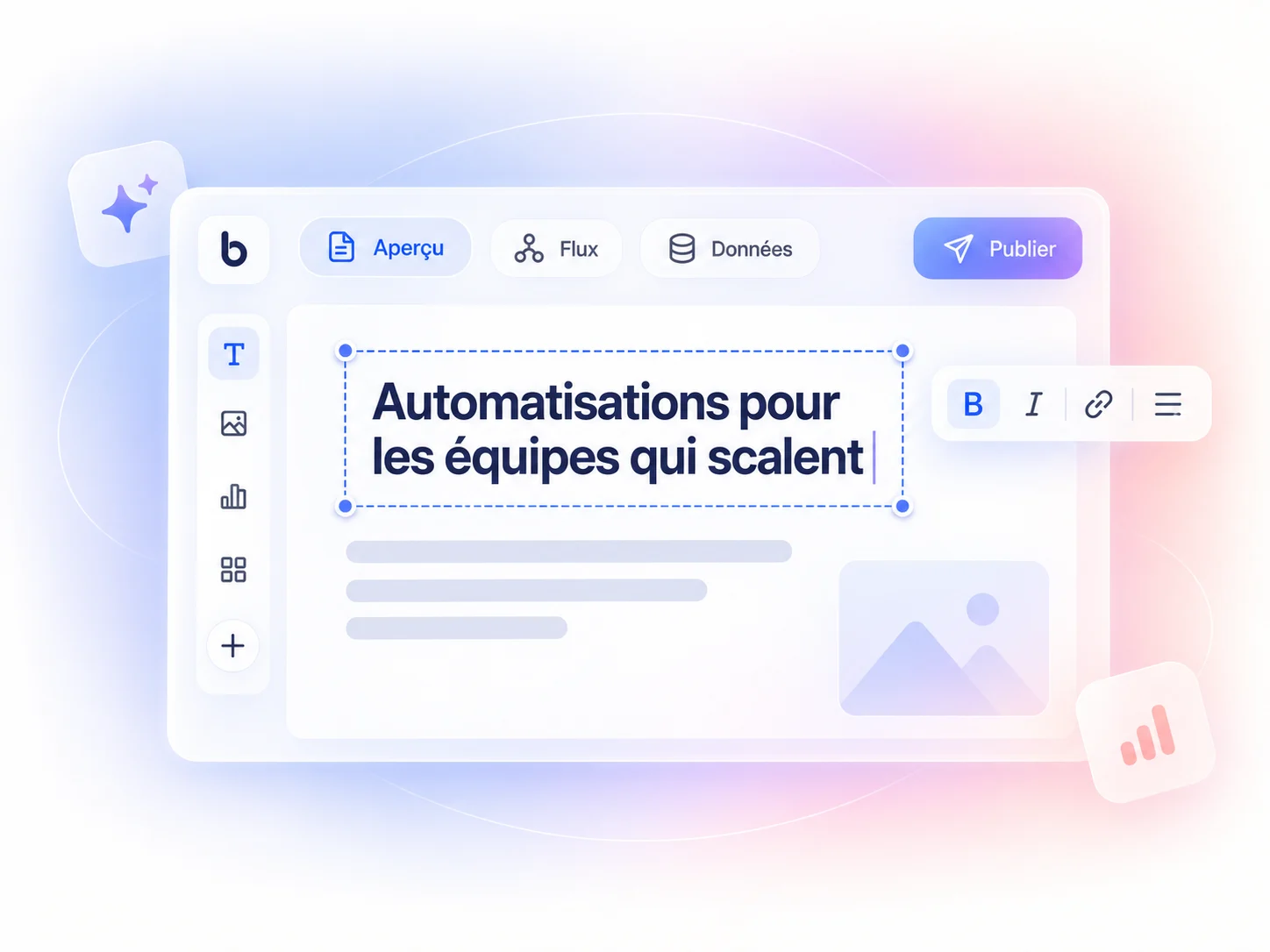 Éditeur bmaster avec aperçu, flux de données et bouton Publier