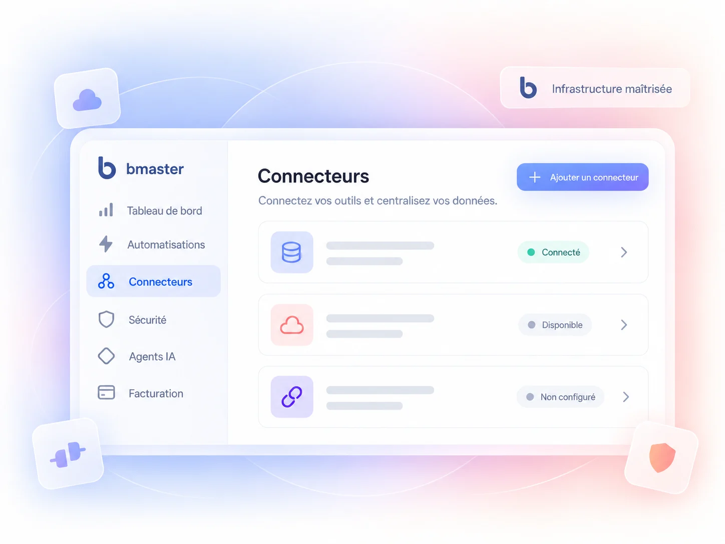 Écran Connecteurs de bmaster listant les intégrations disponibles