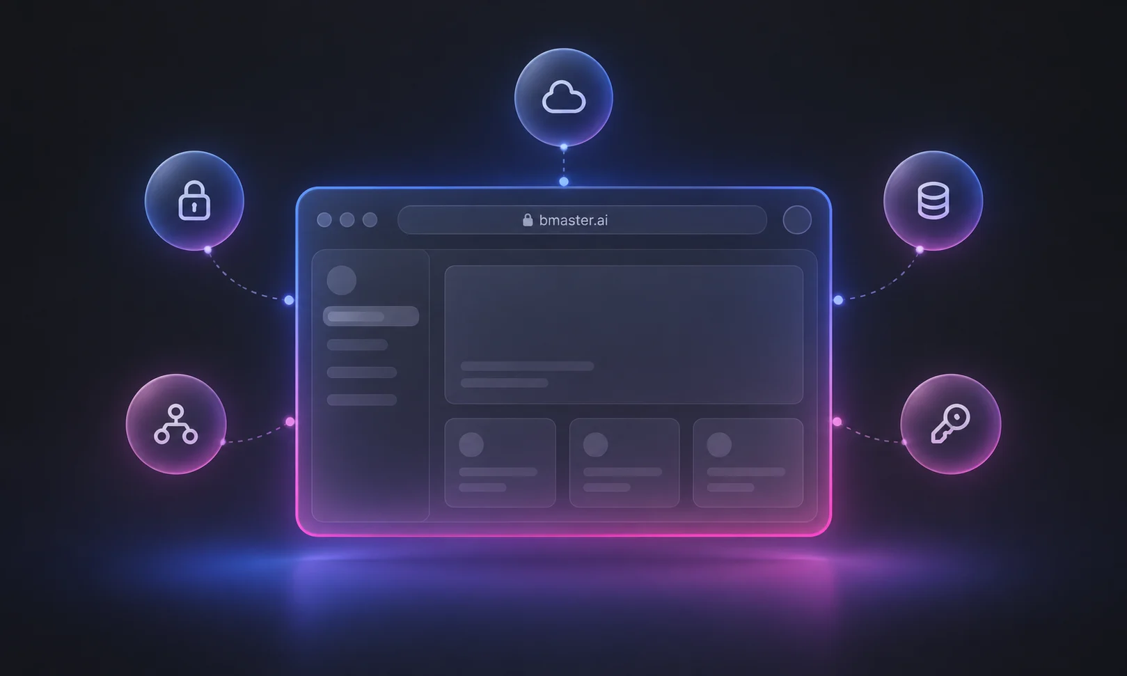 Infrastructure bmaster.ai entourée des briques chiffrement, base de données, accès et connexions