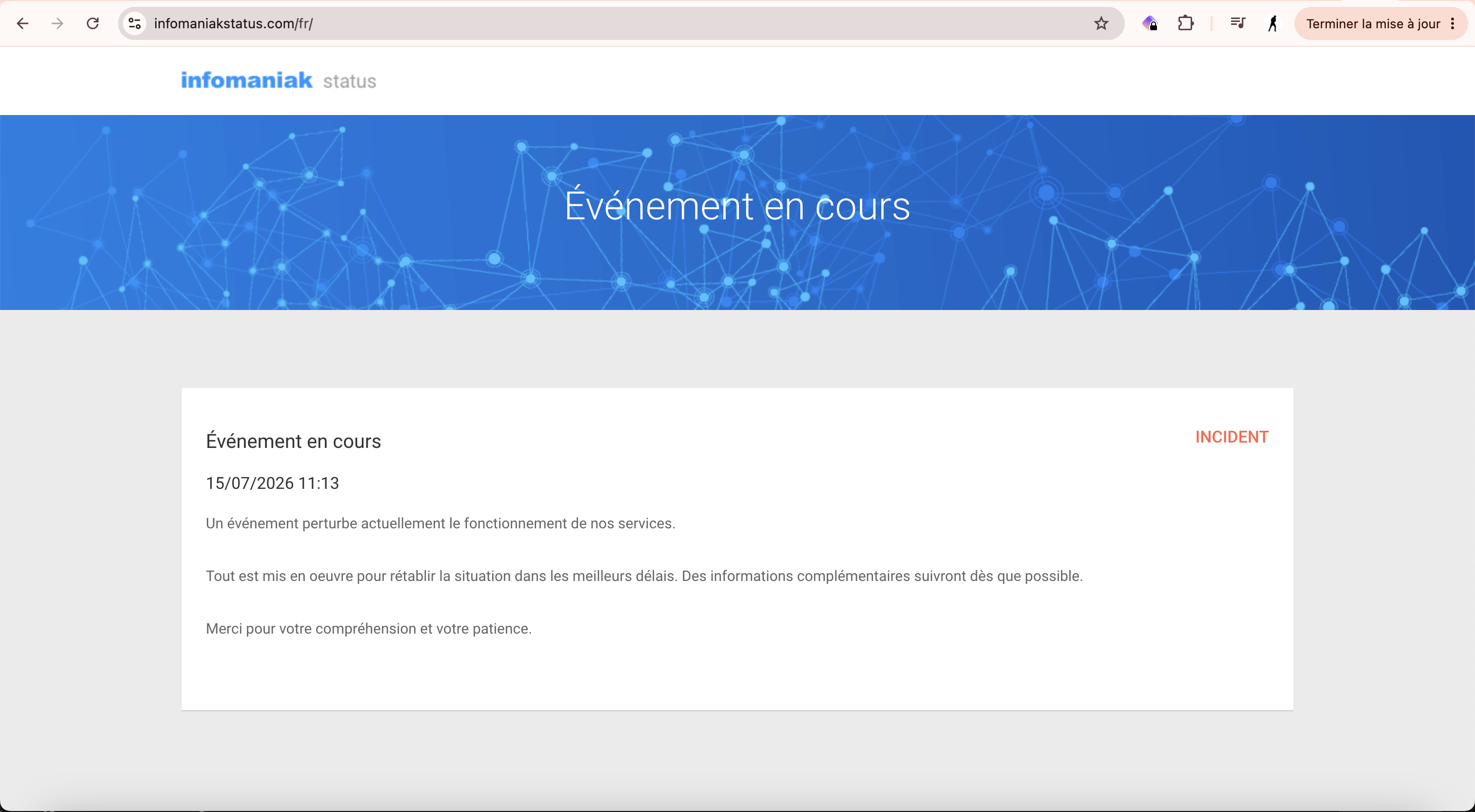 Exemple d'écran d'incident affiché par Infomaniak